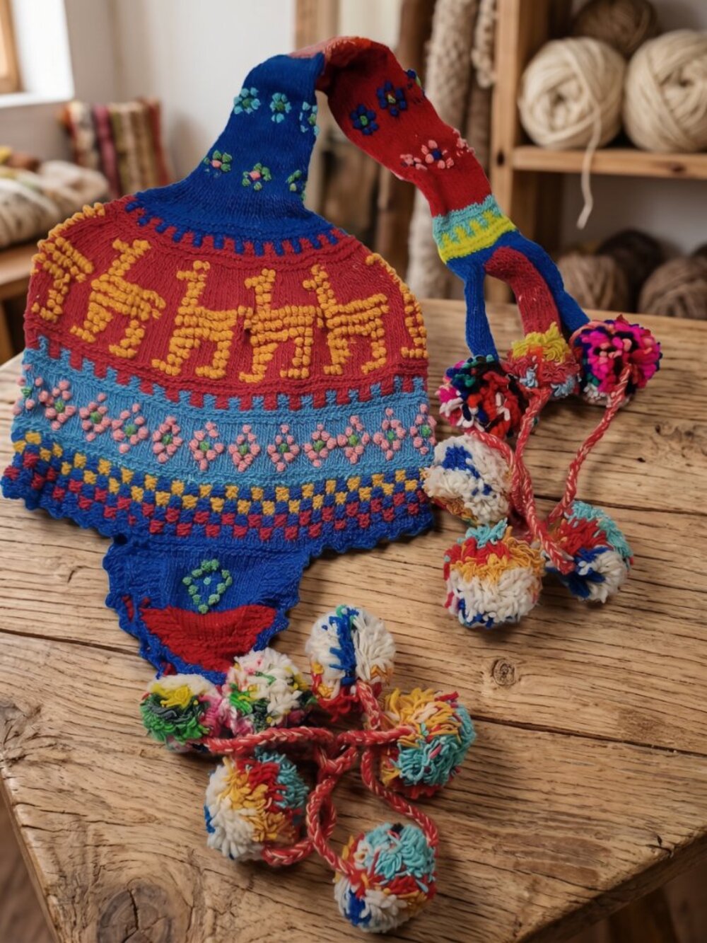Traditional Andean Hand-Knitted Chullo Beanie, Sheep's Wool